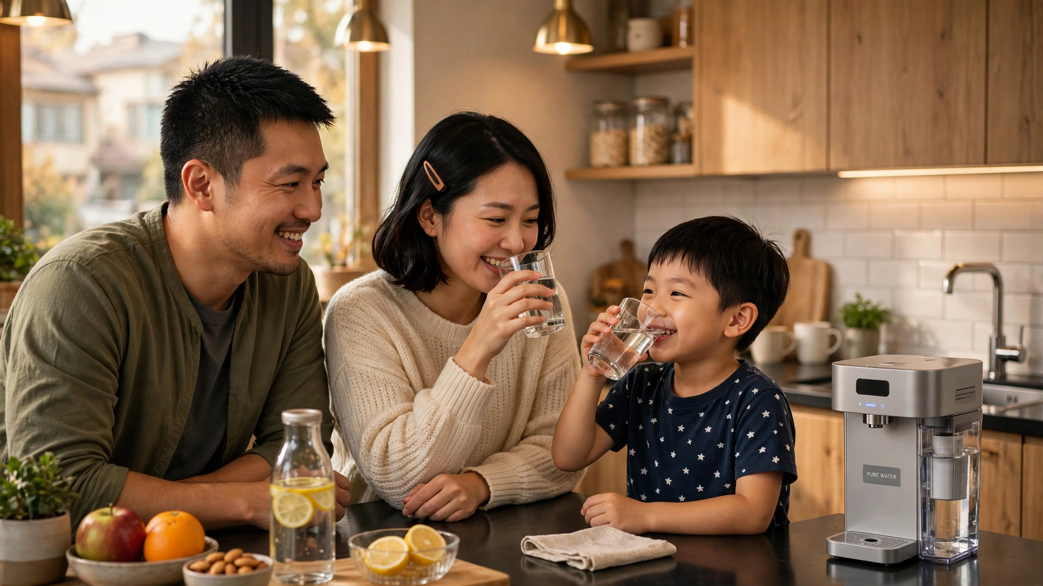 家庭在廚房一起飲水的 AI 情境示意圖