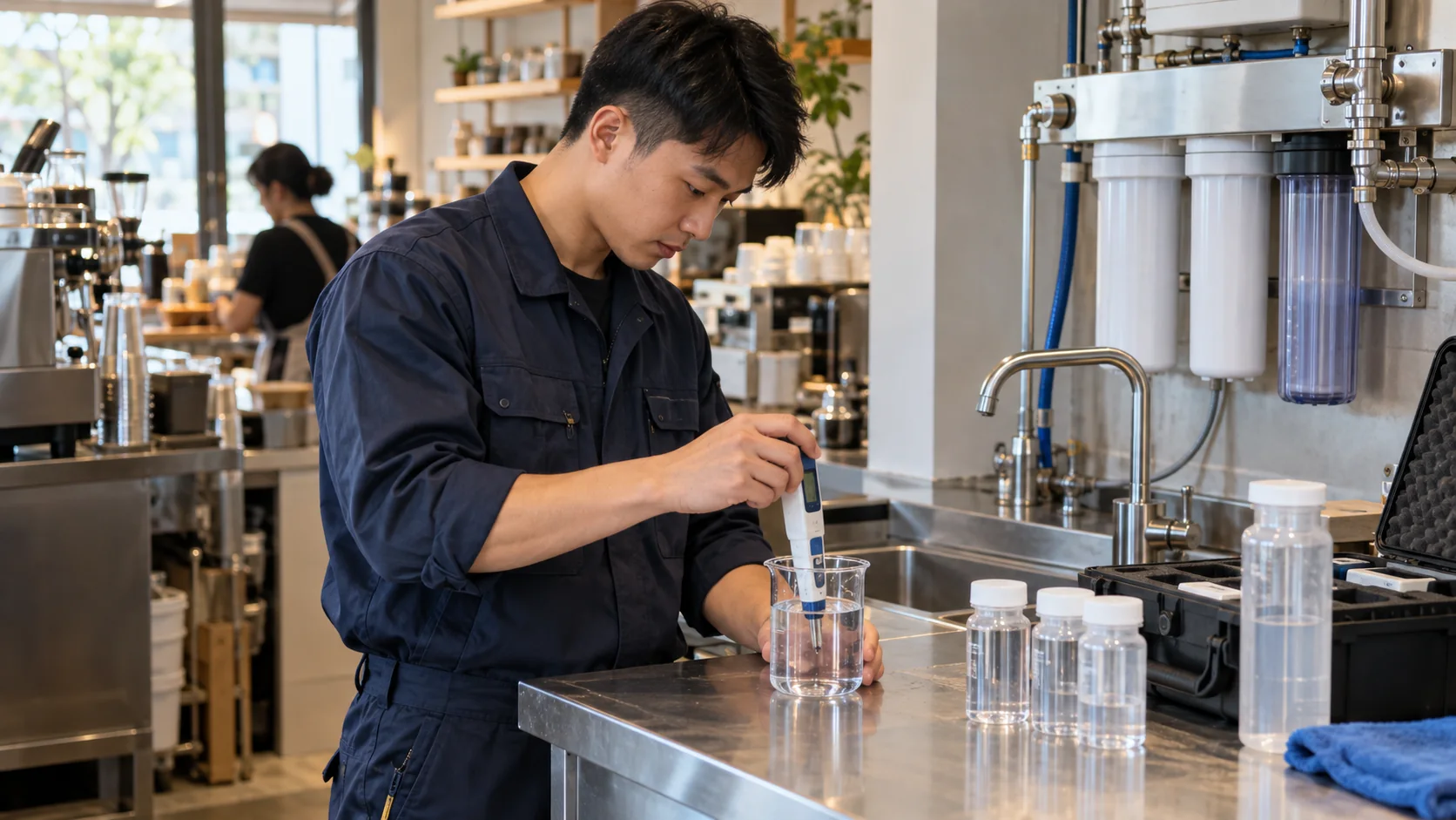 技術人員在商用餐飲空間進行水質評估的 AI 情境示意圖