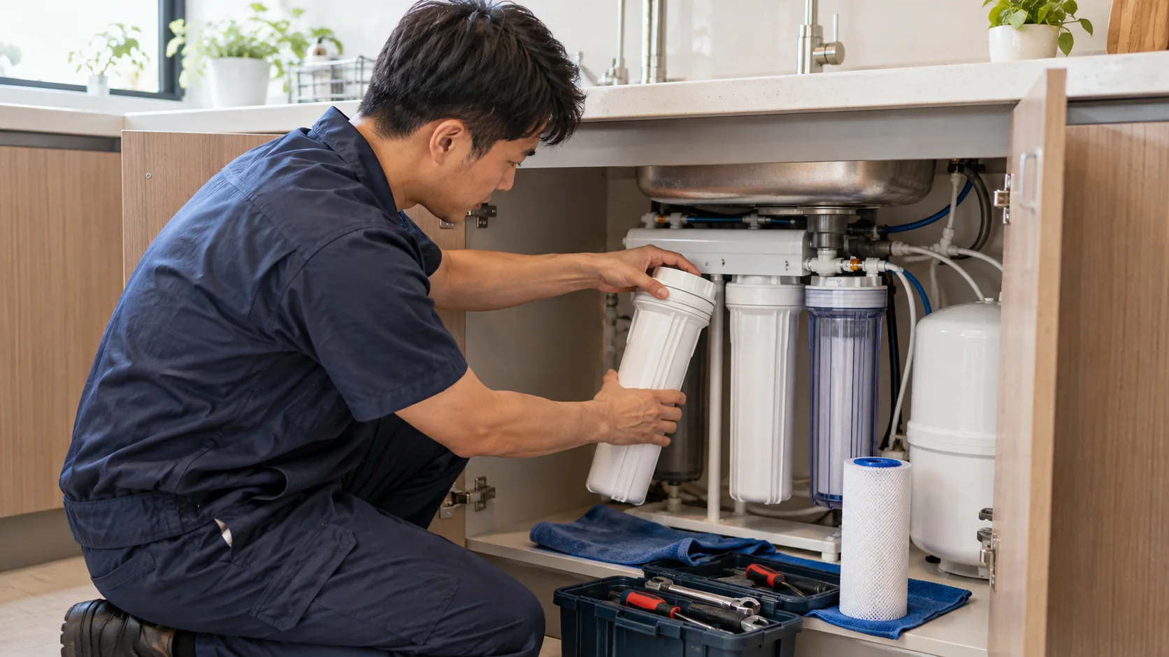 技術人員更換廚下淨水器濾芯的 AI 情境示意圖
