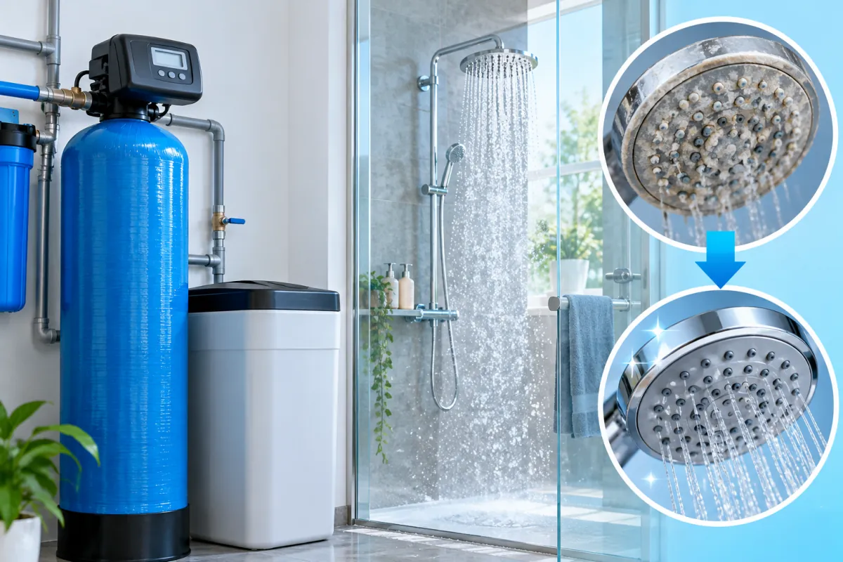 全戶軟水機、鹽槽與浴室水垢對照的示意圖